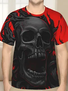 Men's Gothic 3D Printed Skull T-Shirt, Monochromatic Black Skull with Gray Shading, Dark Fiery Tendrils Print on Vivid Red Background, Polyester Breathable Casual Short Sleeve, Stylish Ominous Surreal Design for Daily Wear & Leisure