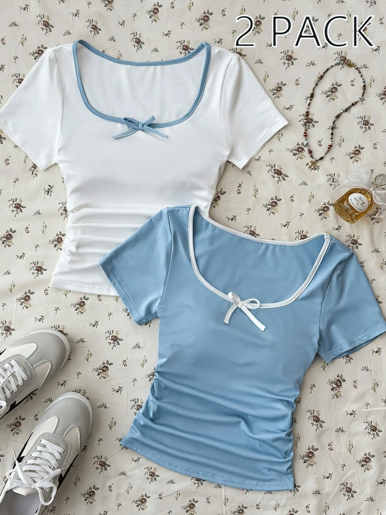 Girls' All-Season Versatile T-Shirts, Solid and Light Blue 2-Pack, Bow Design, Soft Comfortable Fabric, Casual Daily Wear
