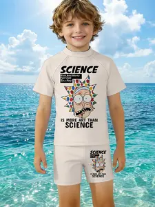 Trendy Trippy Style Kids Swimming Set, Rick Science Quote Print Beach Vacation Quick Dry Swimwear