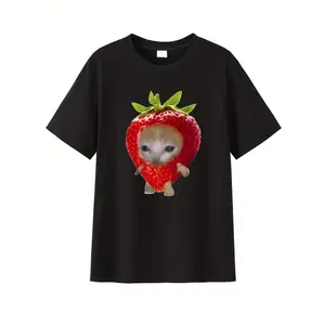 [100% Cotton] Cute Strawberry Cat Pattern T-shirt-Casual Summer Style, round Neck, Pure Cotton, Rib Detail, Light 180G/Square Meter, Cartoon Animal Print, Strawberry Theme Goods  Golf Gift T-Shirt For Men and Women