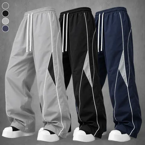 Men’s 3-Pack Polyester Colorblock Active Pants, Wide-Leg Loose-Fit Casual Bottoms with Contrast Triangle Panels, Side Stripes, Adjustable Elastic Drawstring Waist, Fluid Drape, Machine Washable Wide-Leg Drawstring Men’s Pants, Active Men's Pants