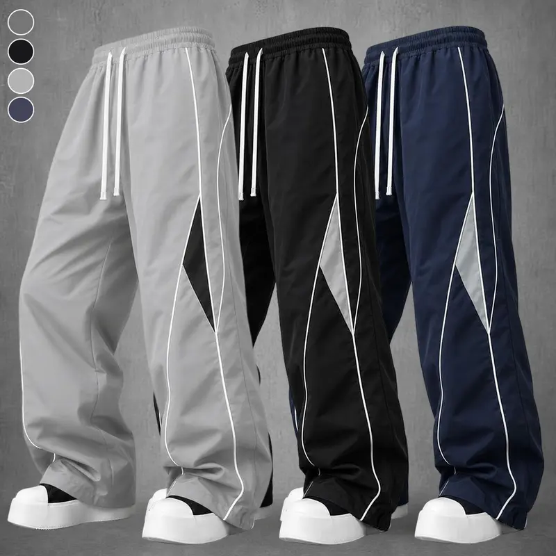 Men’s 3-Pack Polyester Colorblock Active Pants, Wide-Leg Loose-Fit Casual Bottoms with Contrast Triangle Panels, Side Stripes, Adjustable Elastic Drawstring Waist, Fluid Drape, Machine Washable Wide-Leg Drawstring Men’s Pants, Active Men's Pants