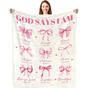 Christian Gifts for Women, God Says I Am Throw Blanket, Inspirational Religious Birthday Gifts for Coquette Pink Bow Bible Verse Blanket, Christian Faith Jesus God Prayer Gift for Christmas, Printed on One Side with a Plain White Back
