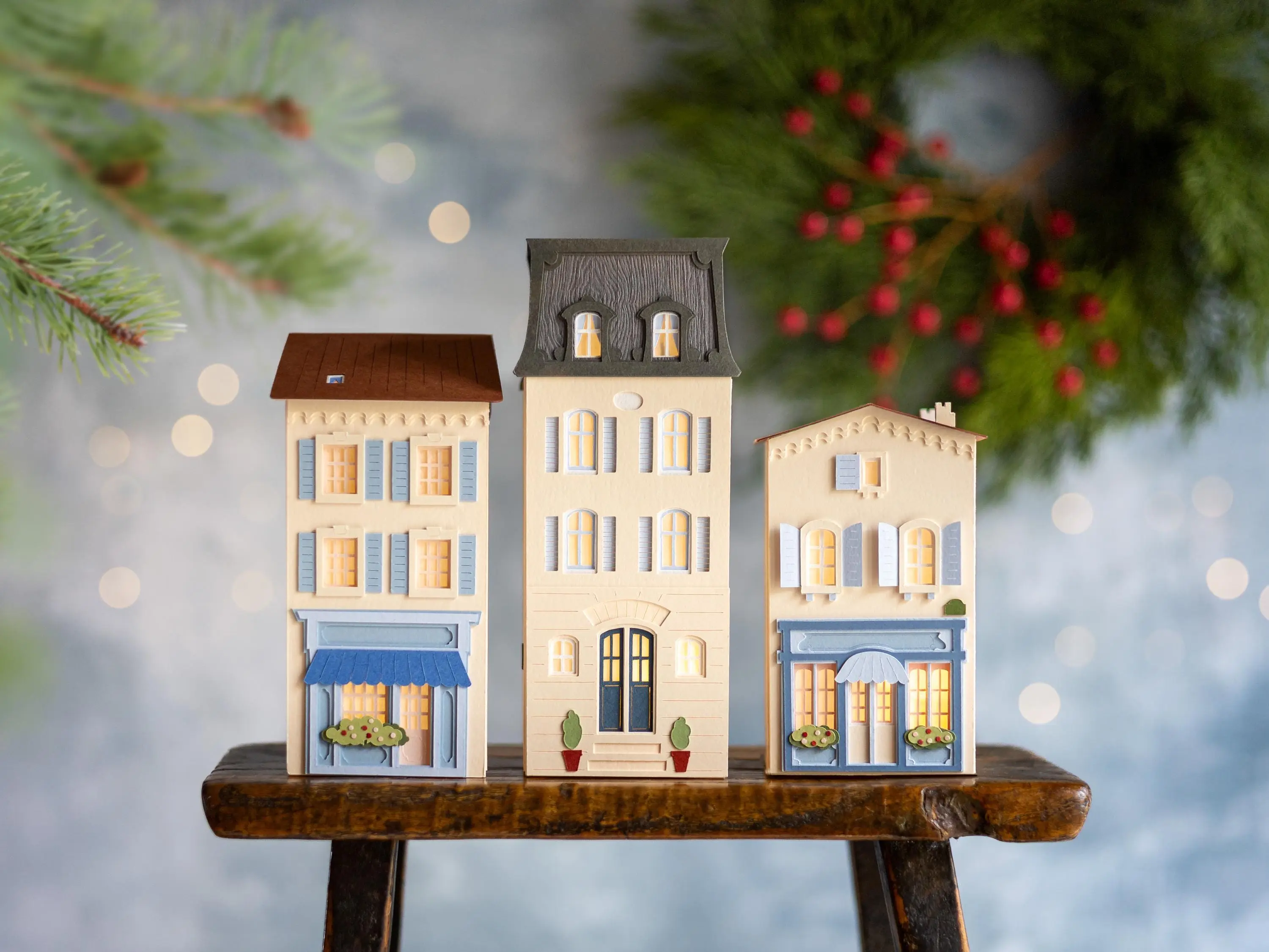 French Christmas Village Trio of Handmade Heirloom Luminaries with Artisan Papers