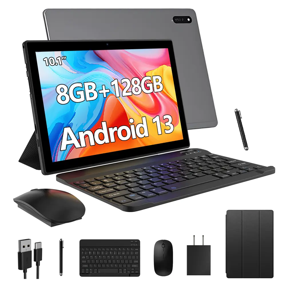 Android 13 Tablet Bundle, 10.1" IPS HD Display, 128GB ROM (Up to 1TB Expandable), 6GB Native RAM Quad-Core Processor, 8000mAh Battery, Dual-Band WiFi, Complete Set with Keyboard, Mouse, Stylus & Case, WiFi-Only Tablet PC