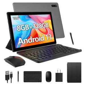 Android 13 Tablet Bundle, 10.1" IPS HD Display, 128GB ROM (Up to 1TB Expandable), 6GB Native RAM Quad-Core Processor, 8000mAh Battery, Dual-Band WiFi, Complete Set with Keyboard, Mouse, Stylus & Case, WiFi-Only Tablet PC