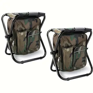2pcs Folding Stool Backpack Thermal Cooler Bag, Folding Fishing Camping Hunting Multi-purpose Chair with Front Pocket And Bottle Bag, Suitable for Outdoor Hiking, Activities, Beach, Travel, (black + Camo)