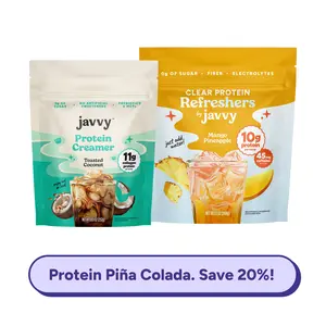 Javvy Protein Piña Colada TikTok Exclusive Bundle - Mango Pineapple Clear Protein Refresher + Toasted Coconut Protein Creamer - 10g + 11g Protein, 45mg Caffeine, 0g Sugar, Fiber, Electrolytes & MCTs, Naturally Flavored, Just Add Water