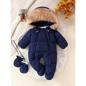 New[Cozy Baby Jumpsuit] Warm Winter Cozy Fleece-Lined Baby Hooded Jumpsuit|         Navy Blue Onesie with Fur Trim & Adjustable Straps for Toddlers, Polyester Material, Perfect for Fall/Winter, Baby Romper, Outdoor