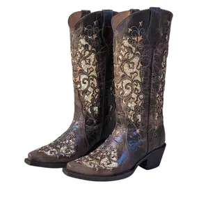 Women's Brown Leather Boots with Gold Inlay - Girl, Walking Shoes, Fashion Boots Comfort