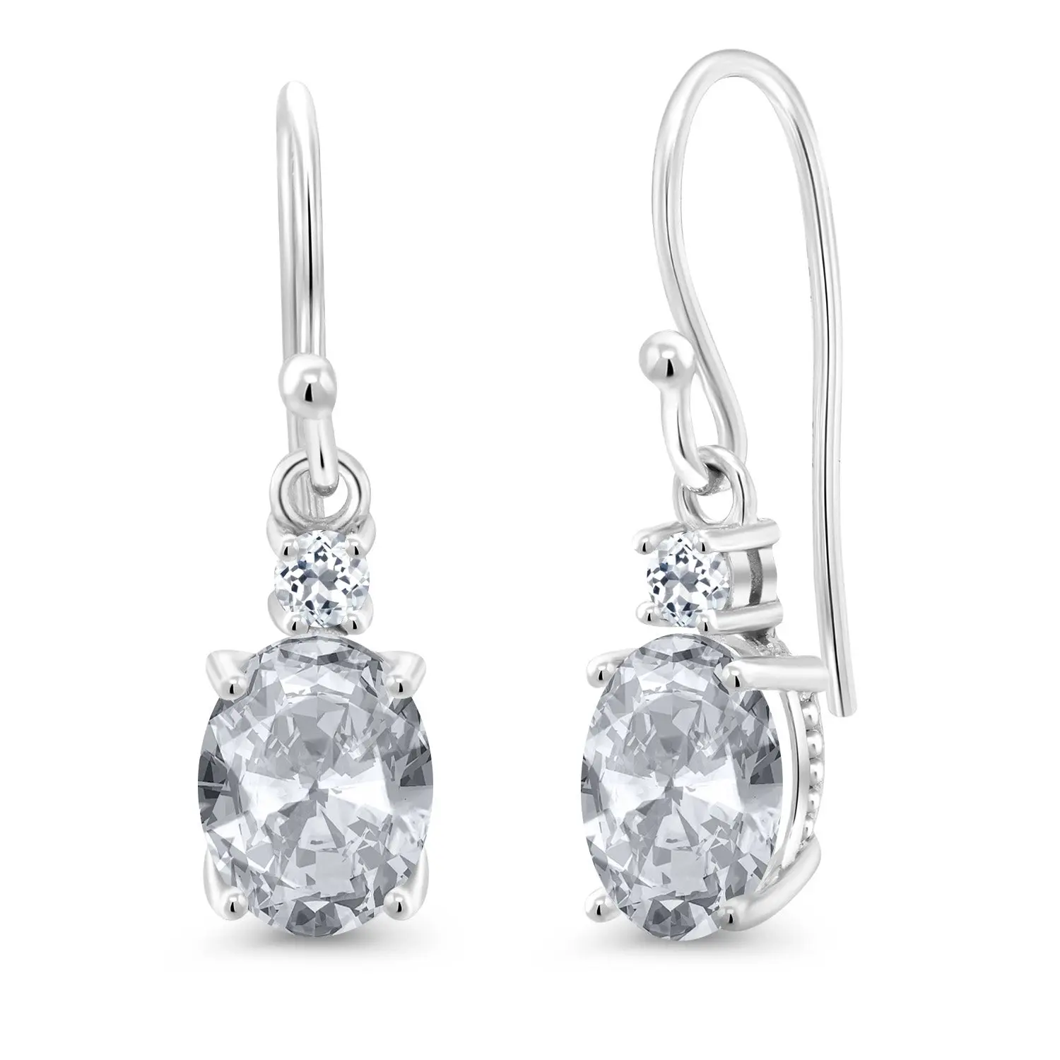 Gem Stone King 10K White Gold Gemstone Birthstone and White Topaz Dangle Earrings For Women | Oval 8X6MM and Round 2.5MM | Elegant Drop Design with Classic French Wire Hooks | Fine Jewelry Earrings