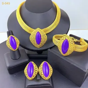 24k Gold Plated Jewelry Set Middle East Dubai Bridal Necklace Earrings Hands Cuban Mesh Link Style