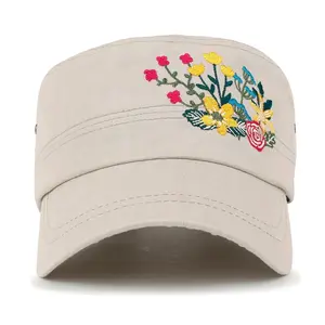 Flower Embroidery Cotton short brimmed Military Army Hat Women Casual Cadet Cap