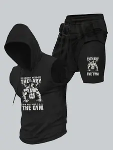 Men's Hooded Vest Set Simple Print, Summer Sports Gym Training Outdoor Casual Sleeveless Hoodie Tank Top Shorts Set Sportswear Set Casual Fitness Breathable