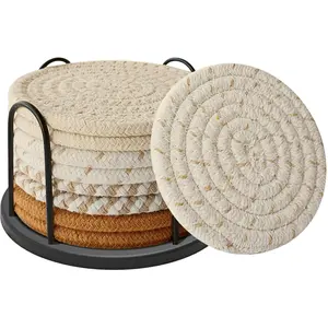 Set of 8 for Drinks, Beer, Coffee, Cotton Woven Absorbent Coaster with Holder, Boho Coasters for Home Decor Tabletop Protection Suitable for Kinds of Cups, Coffee