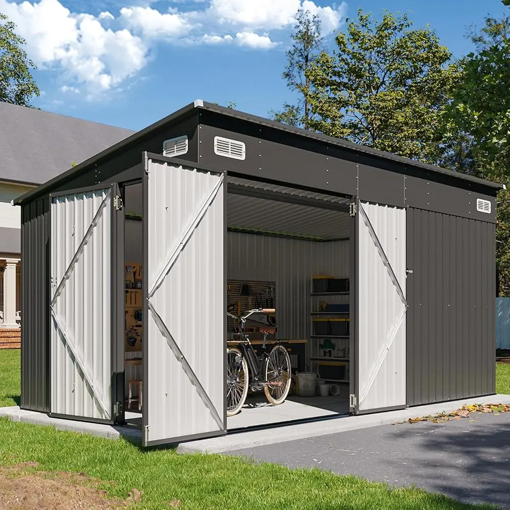 【Ships in 2 separate packages】Aoxun Modern Galvanized Steel Outdoor Storage Shed (Black) - 8'x4'/10'x8'/12'x8' Sizes, Triple Lockable Doors, Sloping Roof, Stable Base, Easy Setup with Illustrated Guide, Home/Patio Organizer for Tools/Bicycles