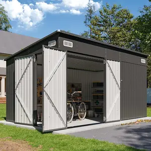 【Ships in 2 separate packages】Aoxun Modern Galvanized Steel Outdoor Storage Shed (Black) - 8'x4'/10'x8'/12'x8' Sizes, Triple Lockable Doors, Sloping Roof, Stable Base, Easy Setup with Illustrated Guide, Home/Patio Organizer for Tools/Bicycles