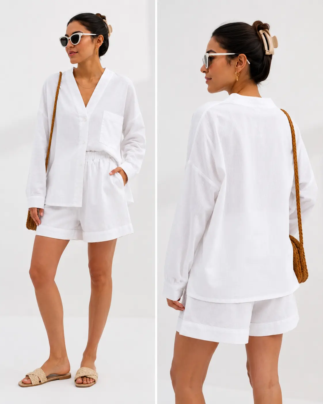 Women's Linen Blend 2 Piece Shorts Set | 60% Linen 40% Cotton | Long Sleeve Button-Up Shirt & Shorts