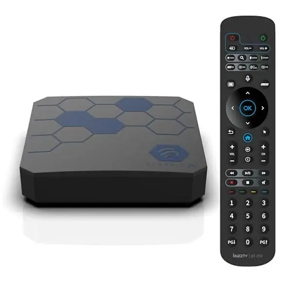 BuzzTV Classic AI 6th Generation Set Top Box, Android 14 TV, 4GB DDR5 RAM, 64GB Storage, AI-SR 2, Gigabit Ethernet, Wireless AX & Voice Remote