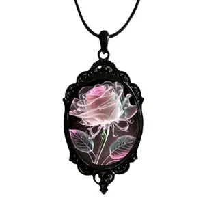 2026 Pink Transparent Petal Rose Glass Pendant Necklace for Women – European & American Fashion Trend