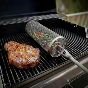 Rolling Grill Basket Set (3-Piece: 1 Basket, 1 Fork, 1 Hook), 304 Stainless Steel Rolling Net with Locking Latch for Sausage & Veggies | Non Stick BBQ Gifts for Men, Dad, Husband