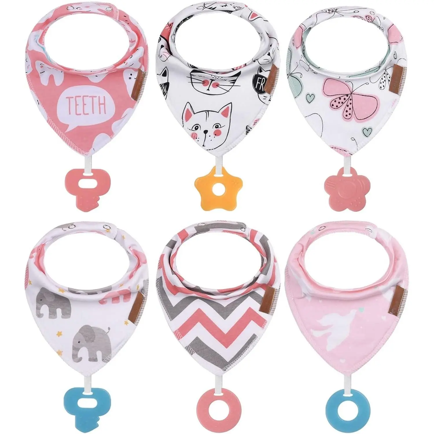 P-AS02   Baby Bandana Drool Bibs 6-Pack and Teething Toys 6-Pack Made with 100% Organic Cotton, Absorbent and Soft Unisex