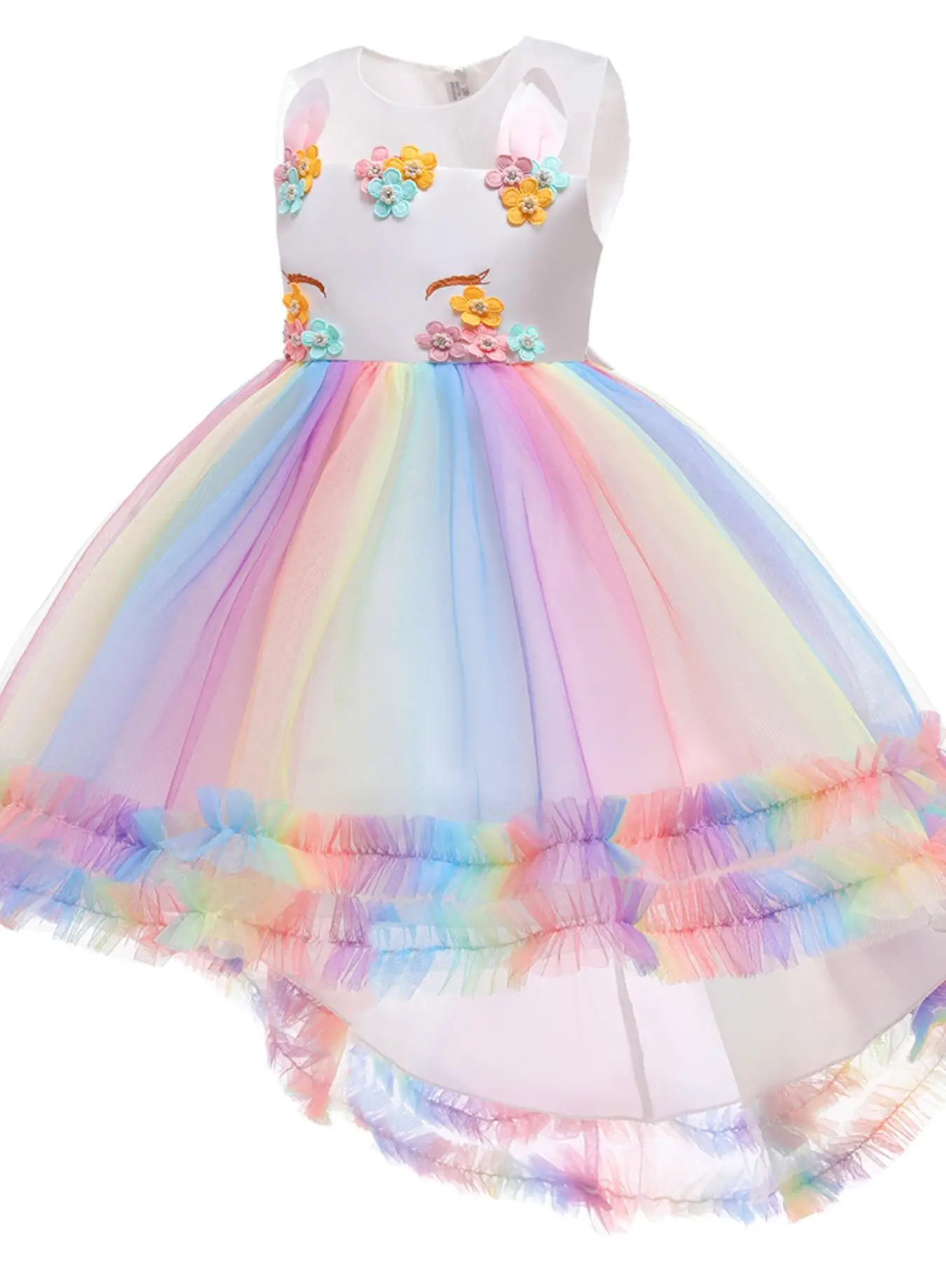 Girl's Appliques High Low Tiered Layer Fit and Flare Dress, Children Bow Back Contrast Mesh Formal Evening Party Pageant Prom Host Summer Dress