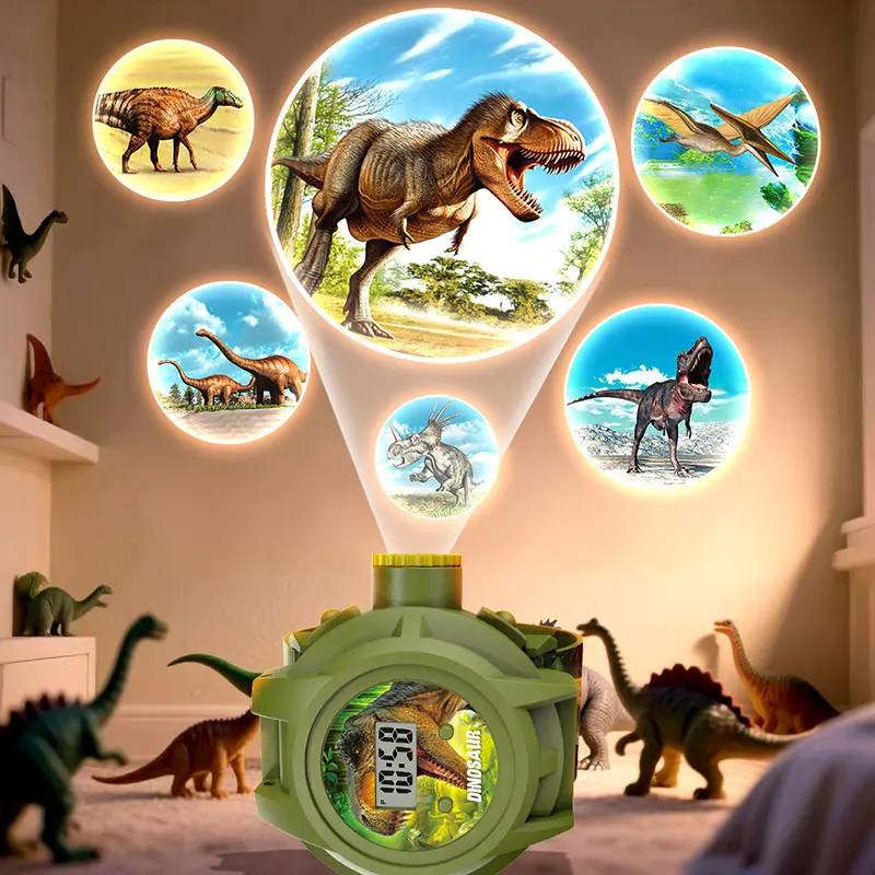 3-in-1 Kids Dinosaur Projection Watch - Flip Cover Interactive Educational Device with LED Lights, Time-Teaching Function, Learning Materials, Fun Toy for 3-4 Years Old Children, Holiday Bedtime Gift