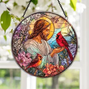 Jesus Christ with Cardinals Acrylic Suncatcher – Stained Glass Style Window Hanging, Christian Memorial Gift, Sympathy Gift, Christmas Decor