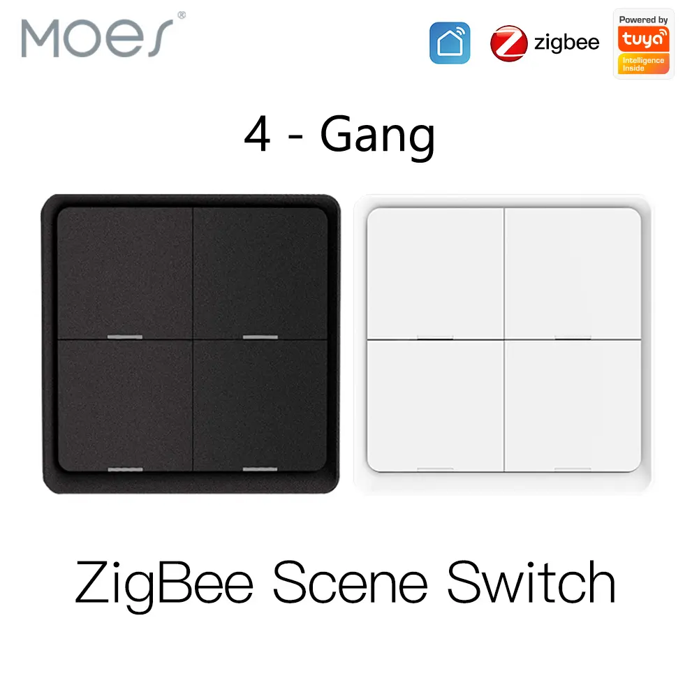 MOES 4-Gang Zigbee Button Scene Switch, Battery-Powered, Stick-Anywhere Smart Home Control, 1-Press Scene Trigger for Smart Plugs, Bulbs, Fans, 2 Color Options