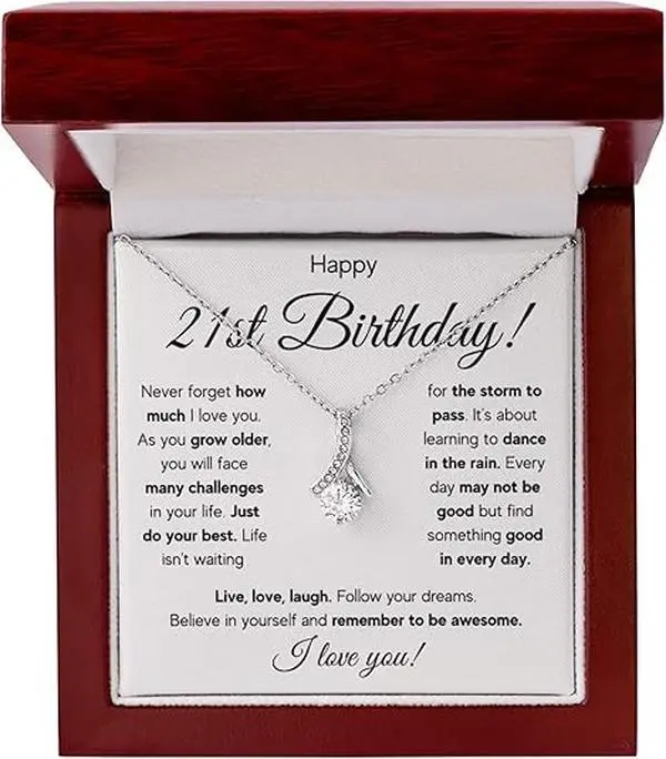 Rain Alluring - 21st Birthday Gifts For Her, 21 Year Old Female Birthday Card Necklace Gift Ideas, Happy Bday For Women Turning Finally 21, 21st Birthday Present for Daughter, Granddaughter, Best Friend with Message Card and Gift Box