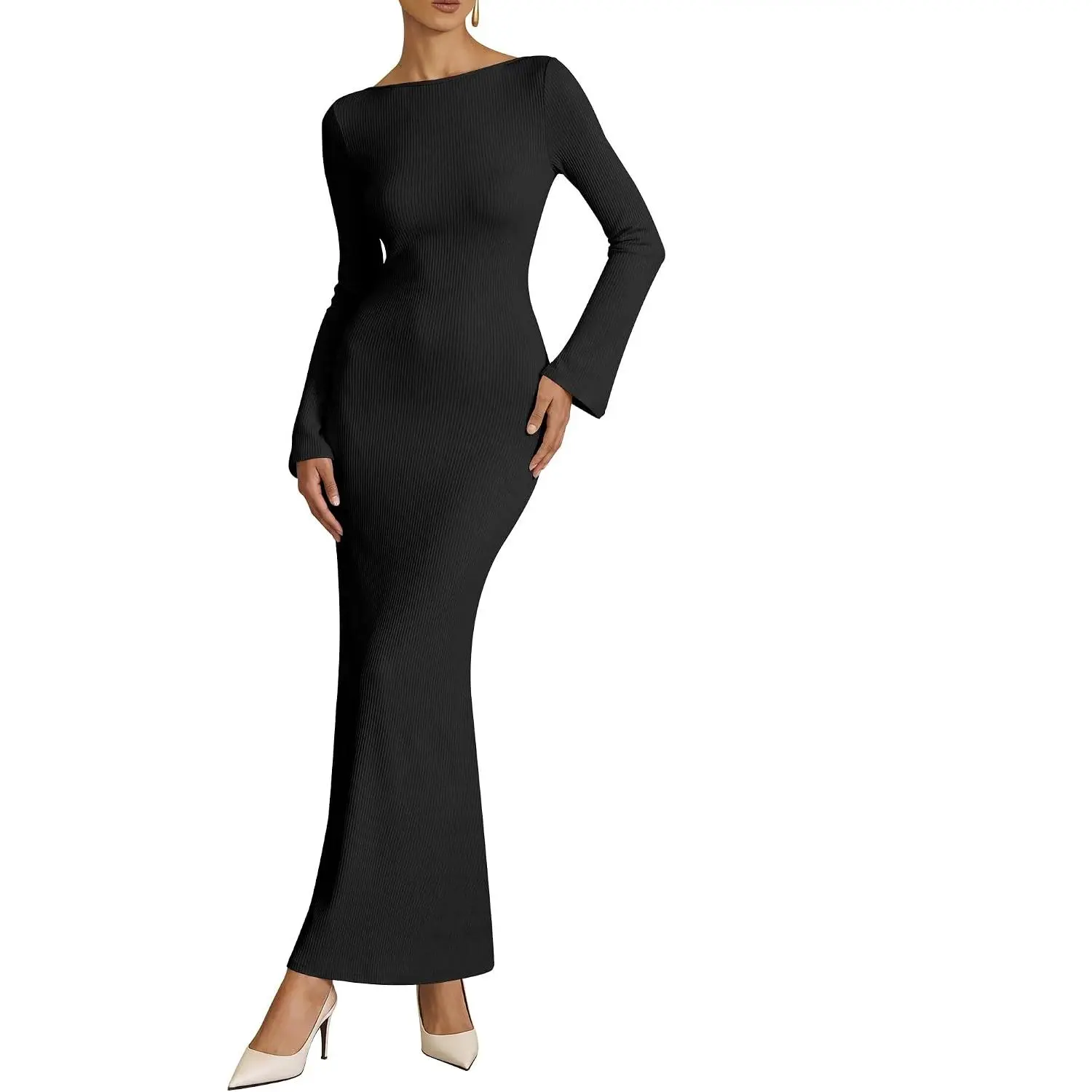 ANRABESS Women's Ribbed Long Sleeve Bodycon Maxi Dress | Boat Neck Bell Sleeve Knit Long Dress, Stretchy Slim Fit Fabric, Wedding Guest Party Cocktail, Fall Winter Wear
