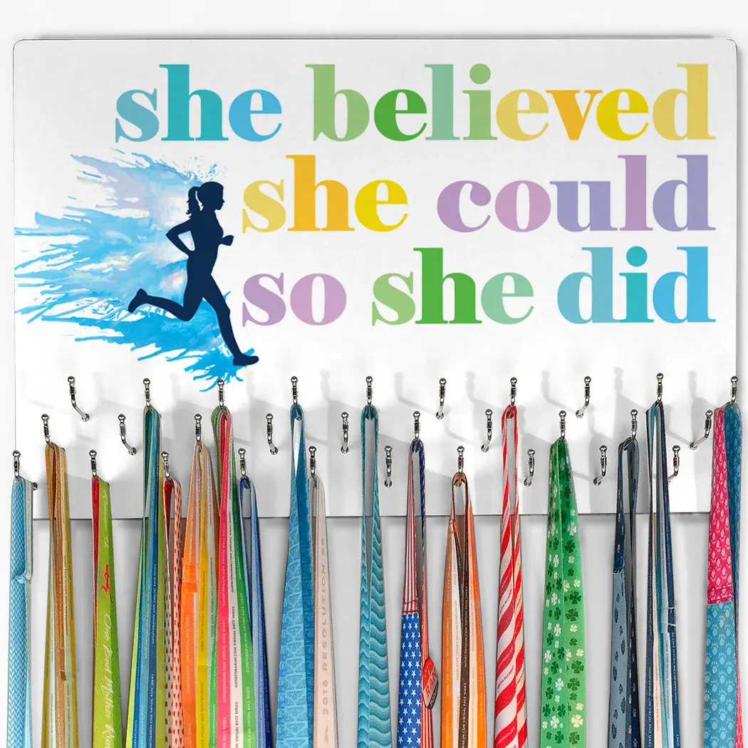 Large Running Medal Display Hanger with 30 Hooks - Motivational Quote "She Believed She Could So She Did", Bold Designs Home Organizer Hook Rail, Gift for Collectors to Display All Accolades