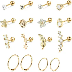 Fansilver 16 Count 16G Cartilage Earrings Studs for Women Surgical Stainless Steel Helix Tragus Hoop Piercing Earrings Set Opal CZ Cartilage Earrings with Hollow Chains & Forehead Piece Summervibes