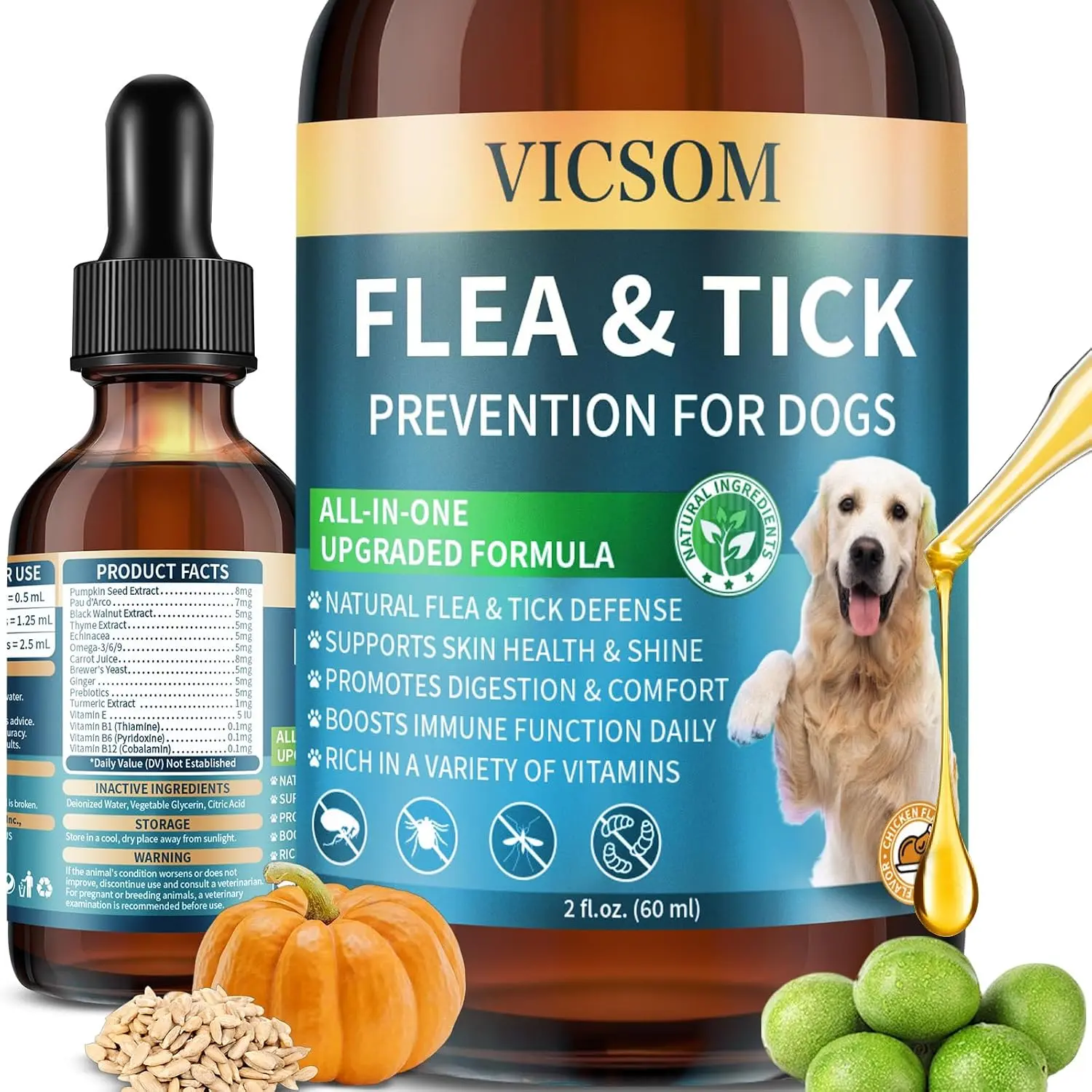 VICSOM Natural Herbal Flea & Tick Season Support Drops for Dogs - 60ml | with Pumpkin Seed & Black Walnut | Supports Skin & Coat, Digestive & Immune Health | for All Breeds & Ages