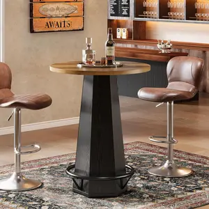 TRIBEWOOD Round Bar Pub Table, 39.4" H Bistro Cocktail Table with Metal Footrest for Drinking & Gathering, Industrial Home Bar High Top Unit, Small Spaces