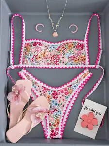 Summer Floral Bikini Set, Teenage Girl Crop Top and High-Slit Triangle Bottoms, Beach Vacation Swimwear Two-Piece Swimsuit Set