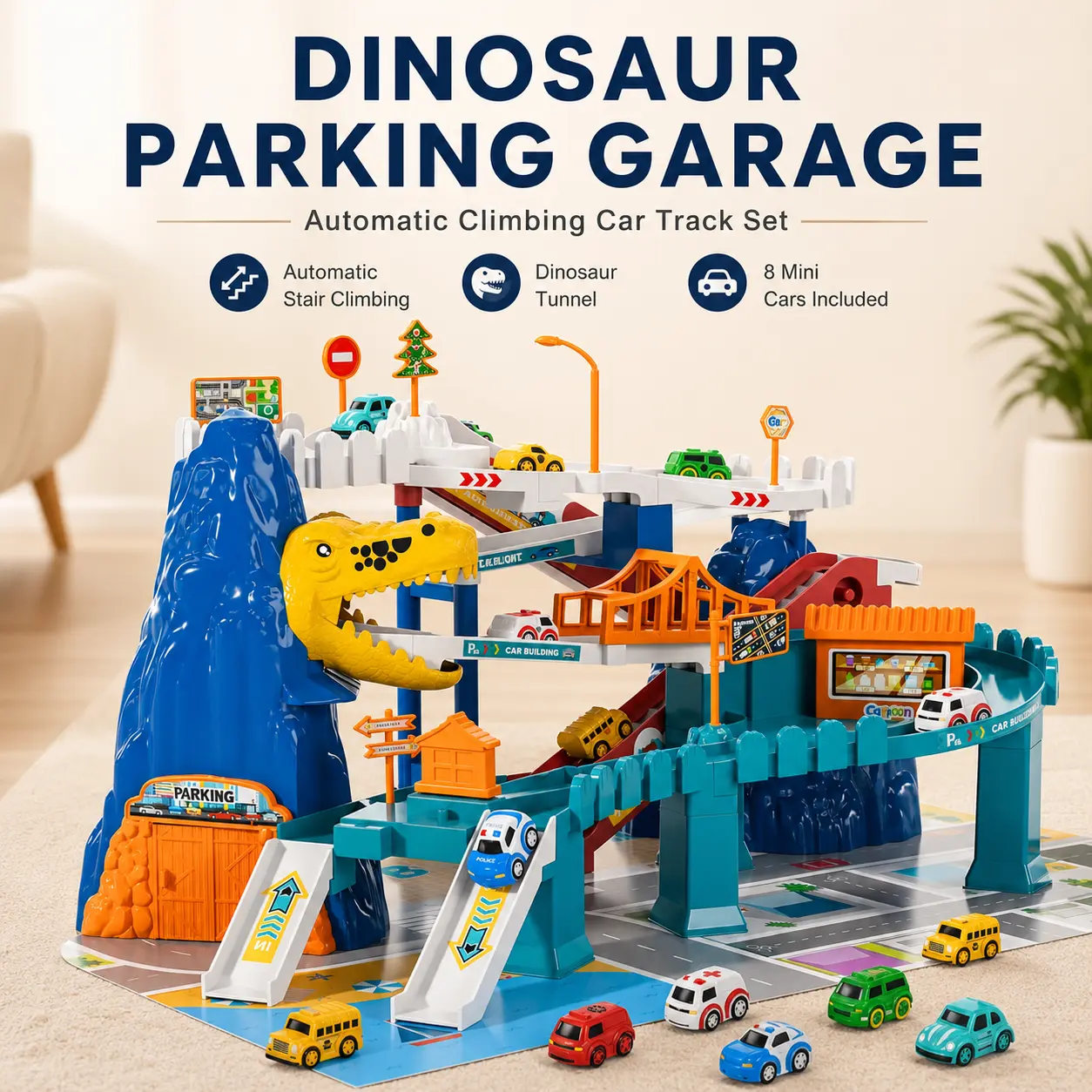 Dinosaur Parking Garage Race Track Playset with 10 Mini Cars, Multi-Level Ramp and Sliding Tracks, Vehicle Adventure Pretend Play Toy, Creative Educational Car Set for Kids Boys and Girls, Indoor Playroom Backyard Activity, Birthday Christmas Holiday Gift