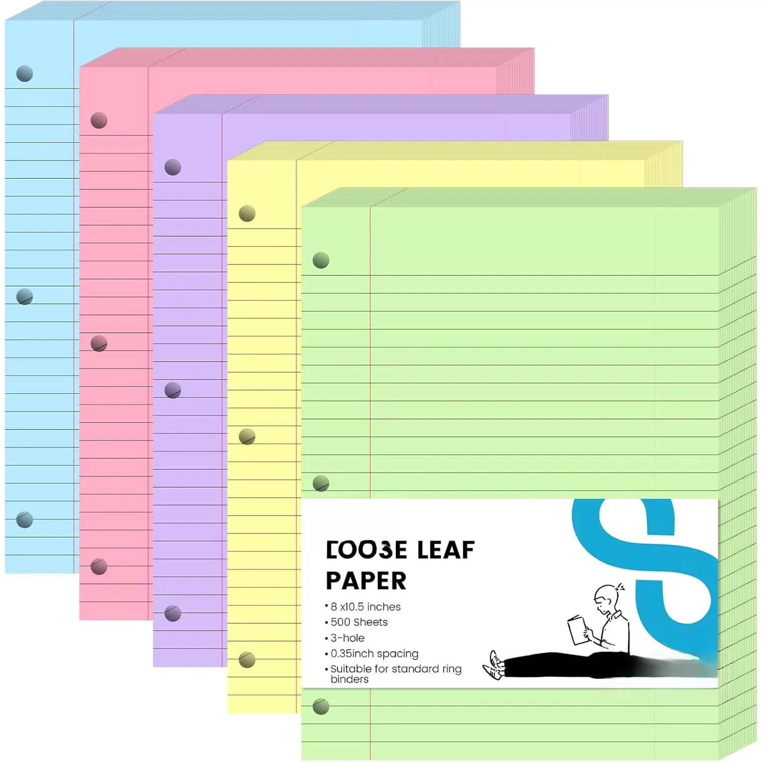 Wide-Ruled Colored Loose Leaf Paper, 500 Sheets 3-Hole Punched Refillable Inner Pages for A4 Notebooks & 3-Ring Binders, School Study Supplies, Student Stationary for Office Use