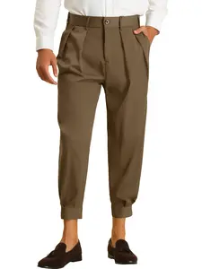 INSPIRE CHIC Cropped Pants for Men's Solid Color Double Pleated Tapered Dress Pants