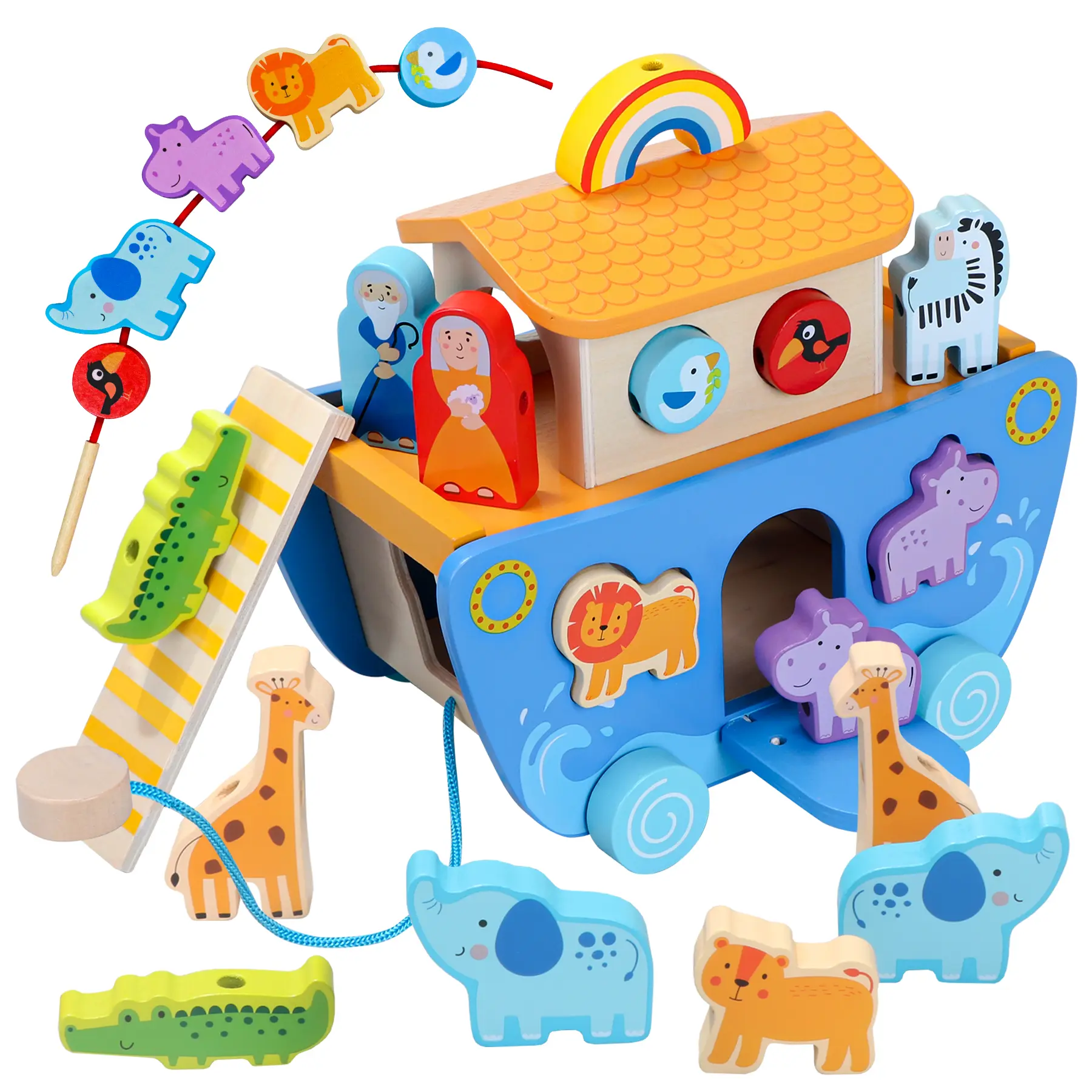 Wooden Noah's Ark Toy with Animal Shape Sorter Montessori Toys for Toddlers 24 Months Educational Learning Gift for Boys Girls Baptism