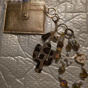 Cactus Keychain with Beaded Chain and Gold Color Wallet