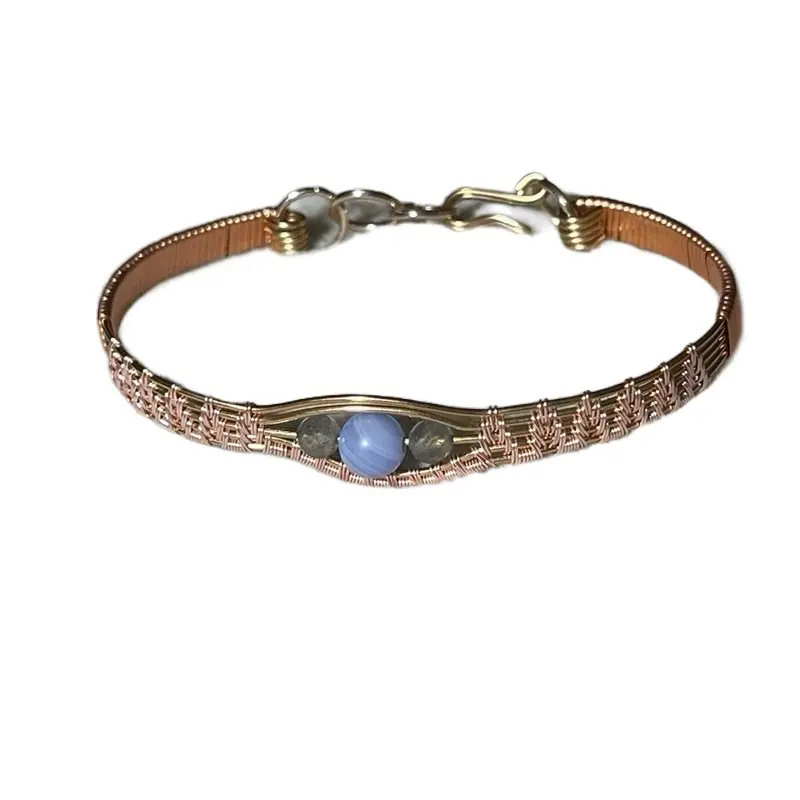Blue Lace & Labradorite Bangle Bracelet with Intricate Wire Weave Design and Elegant Clasp.