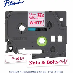 Brother P-Touch 1/2" Red Print on White label tape, 0.47", TZE232G