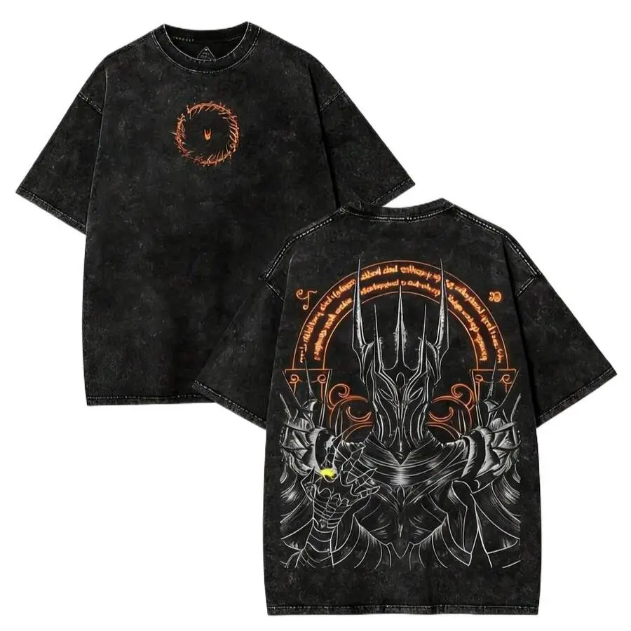 Vintage Washed Black The Lord of the Rings Graphic T-Shirt Unisex, Retro Distressed Sauron & One Ring Eye Print Crew Neck Short Sleeve Tee, Dark Fantasy Movie Streetwear Casual Top for Men Women, Outdoor Daily Wear