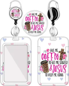 Badge Holder with Retractable Reel, Cute Funny Coffee Lover ID Name Tag Work Badge Clip Heavy Duty Vertical Card Protector Cover Case for Work Office Nurse Medical Student Teacher Women Men