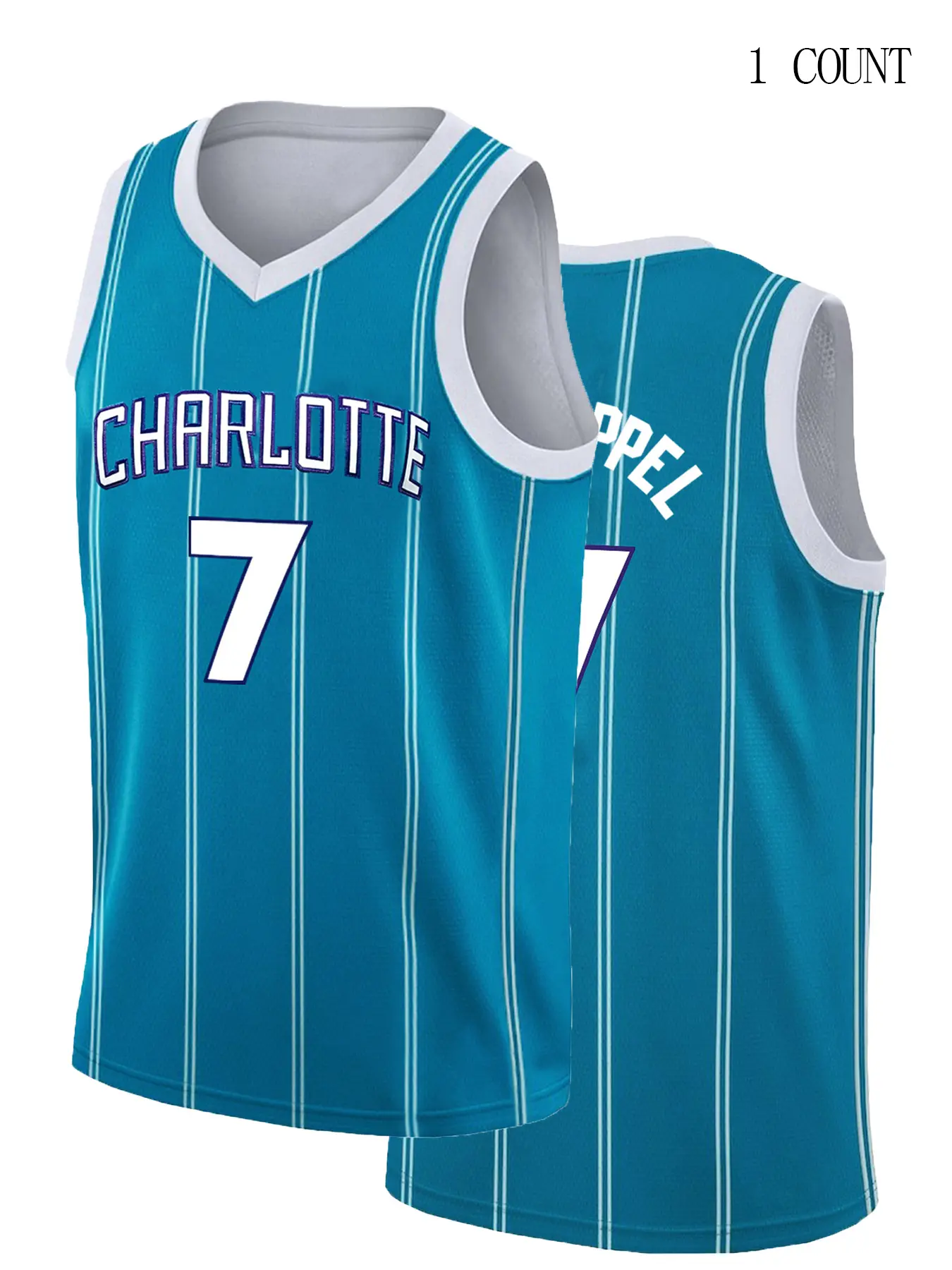 Basketball Jersey #7 Pale Blue Loose Fit Sports Top with CHARLOTTE & Name Embroidery, Embroidered Basketball Jerseys, Machine Washable, Basketball Gear, Athletic Clothing, Reinforced Seams, Team Apparel