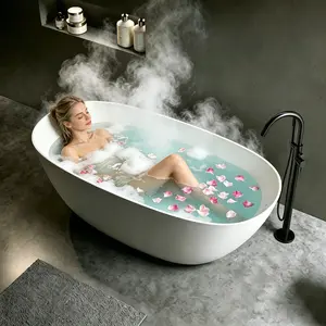 69'' Freestanding Bathtub Resin Stone Soaking Bathtub Solid Surface Modern Tubs with Overflow and Pop-up Drain in White