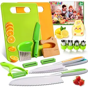 16 PCS Toddler Knife Set Montessori Kitchen Tools for Kids Safe Real Cooking Kit with Child Safe Plastic Knife Peeler Cutting Board Child-Friendly Cooking Tools