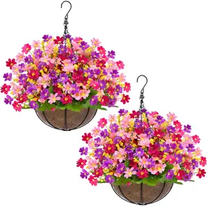 1/2pcs Artificial Hanging Flowers Basket for Outdoor Spring Summer Decor, Faux Silk Pink Purple Daisy Flowers in Hanging Planter,UV Resistant Fake Flower Look Real for Home Patio Balcony Yard Decor